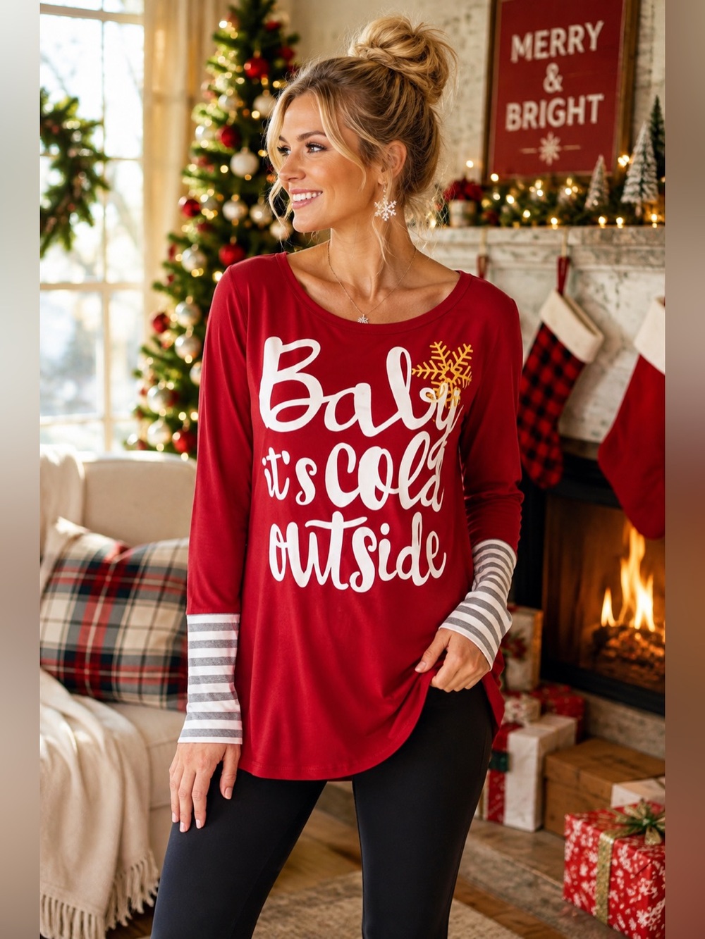 For G and PL Women's Christmas Print Striped Graphic Loungewear Tunic Tops M